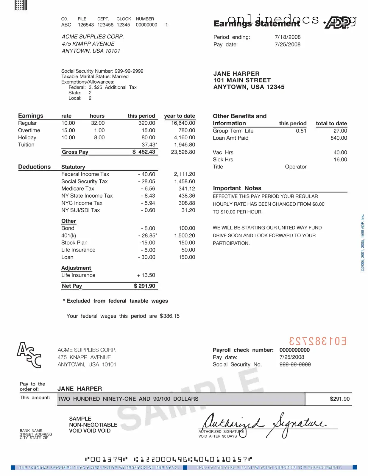 Adp Pay Stub PDF Form