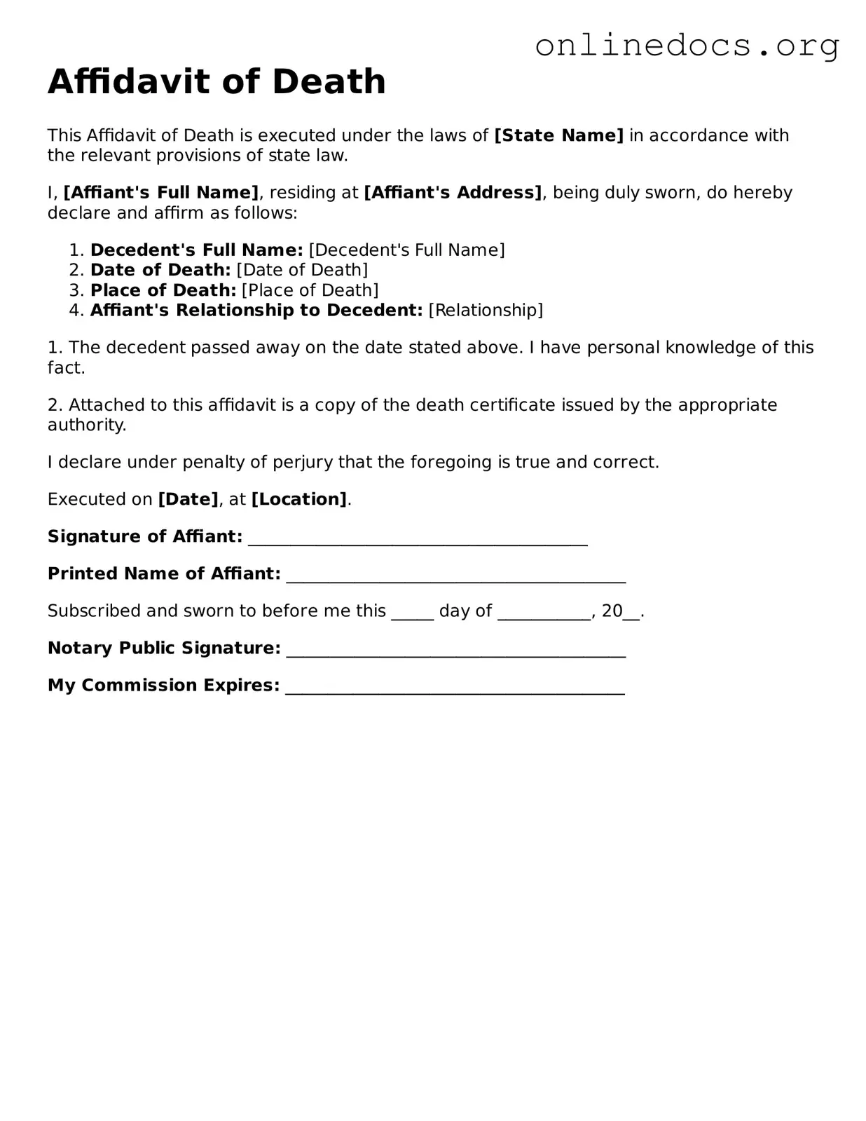 Printable Affidavit of Death Form