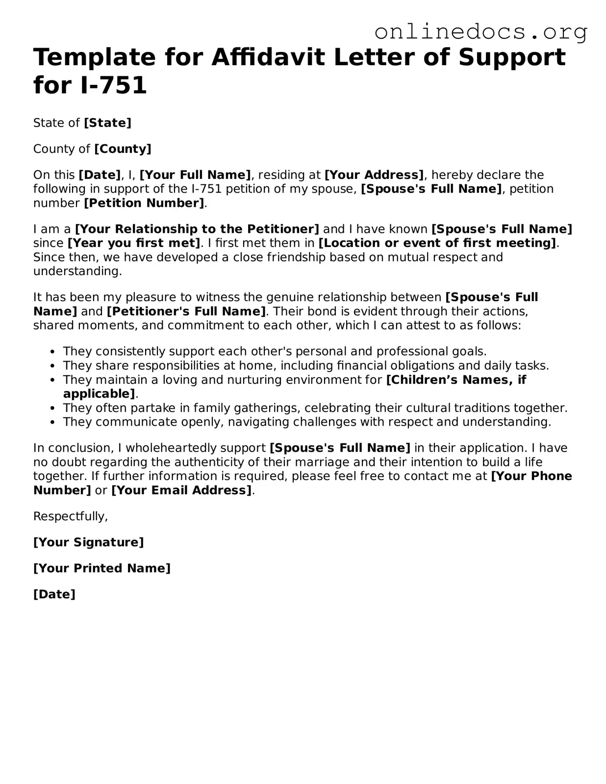 Printable Affidavit Letter of Support for I-751 Form