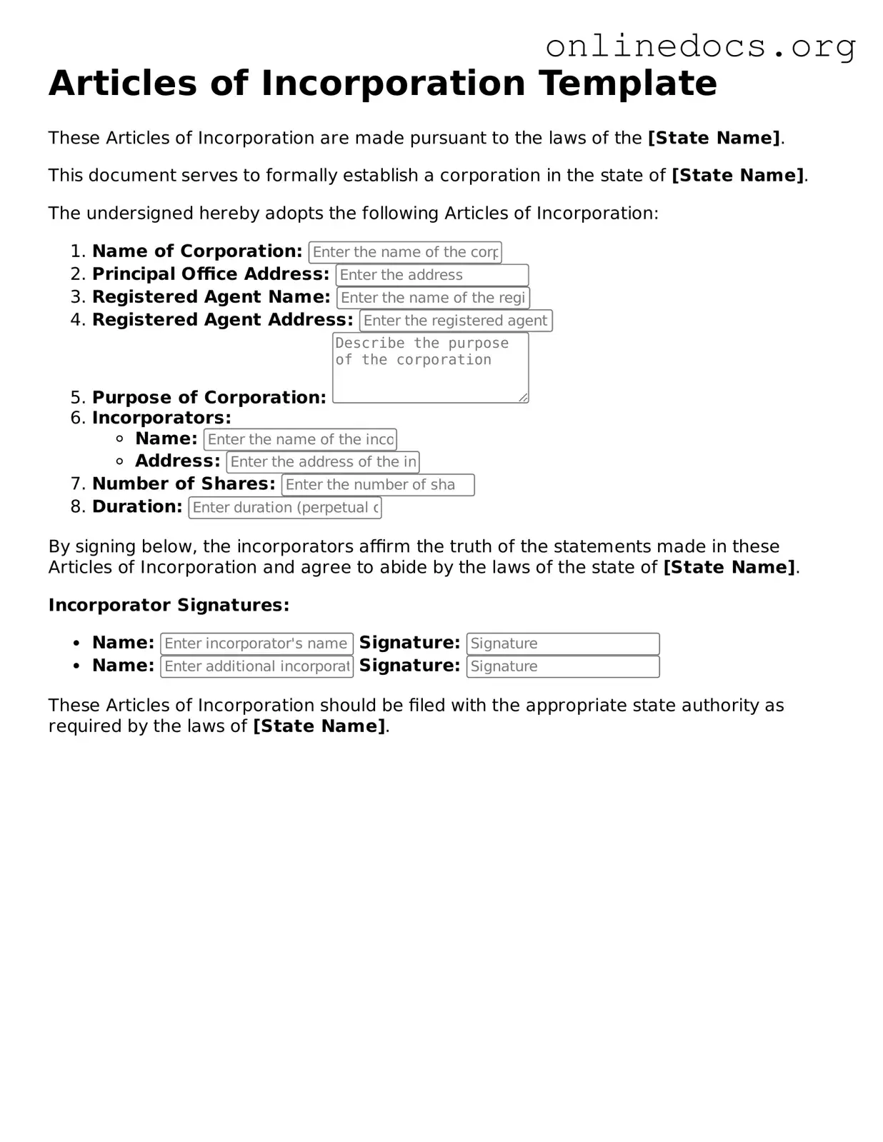 Printable Articles of Incorporation Form