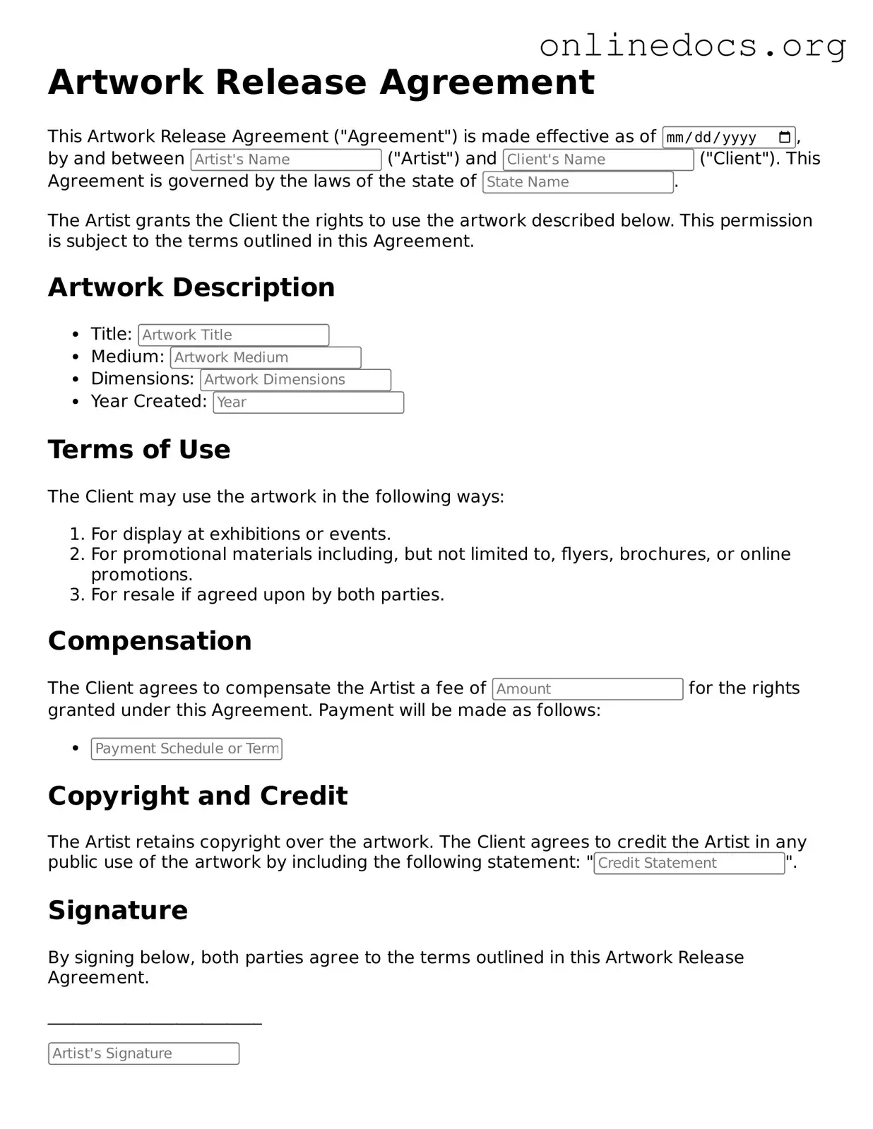 Printable Artwork Release Form