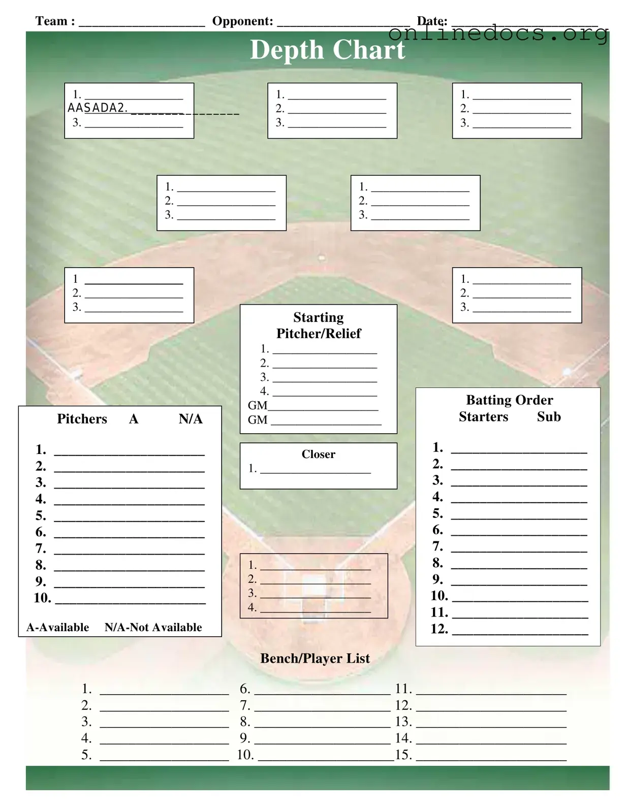 Baseball Field Lineup PDF Form
