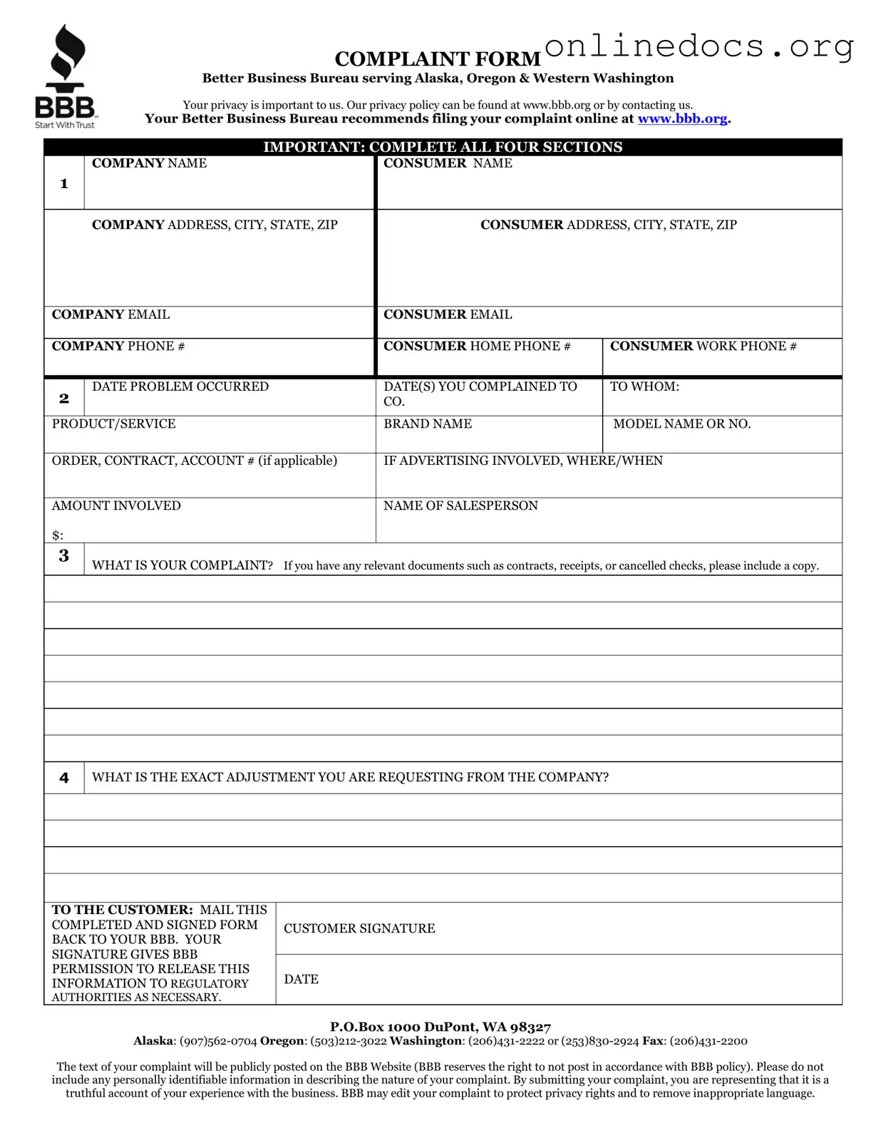Bbb Complaint PDF Form