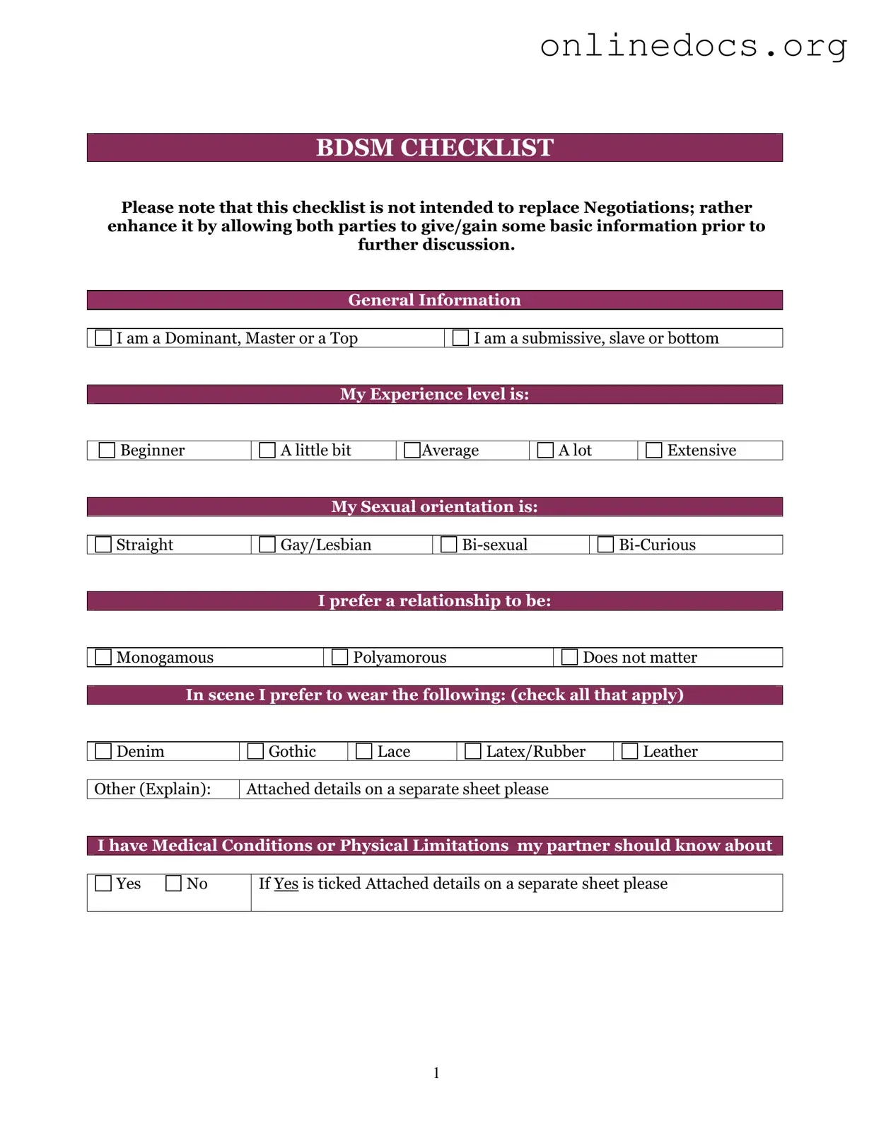 Bdsm Checklist PDF Form
