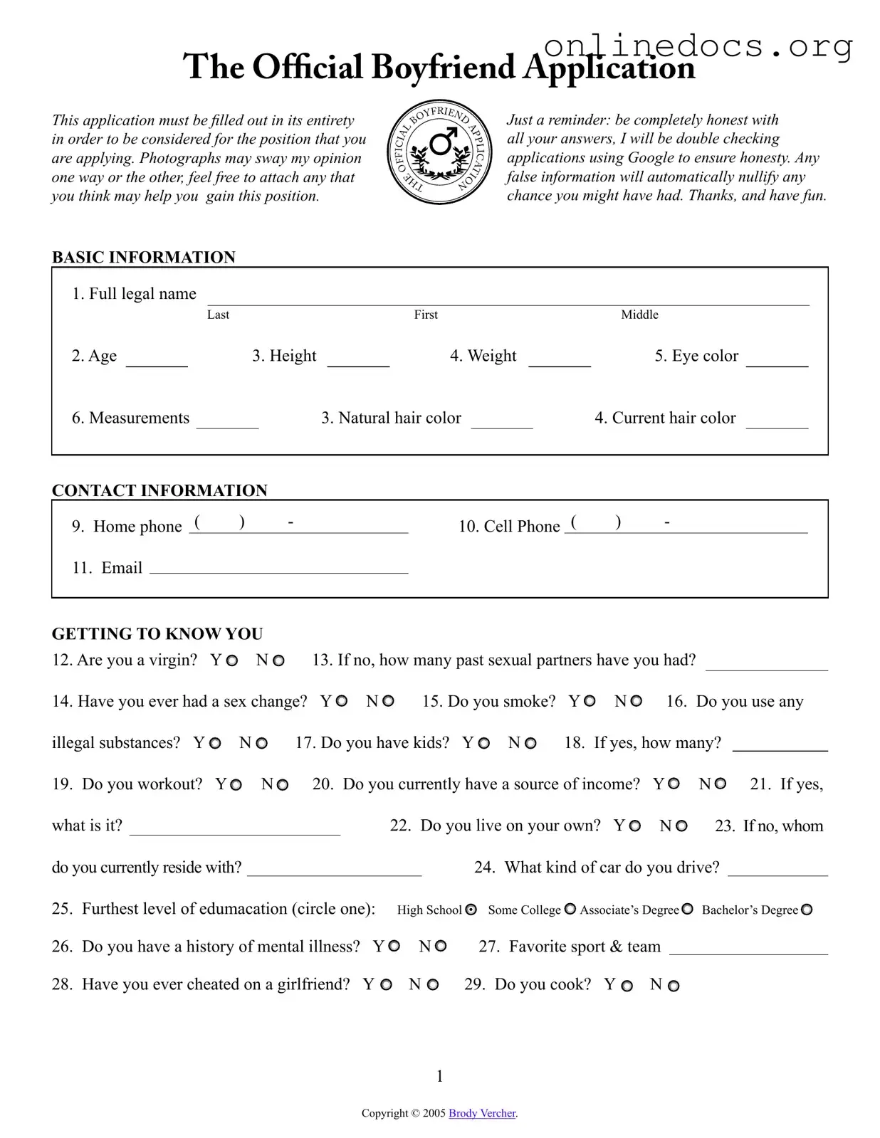 Boyfriend application form PDF Form