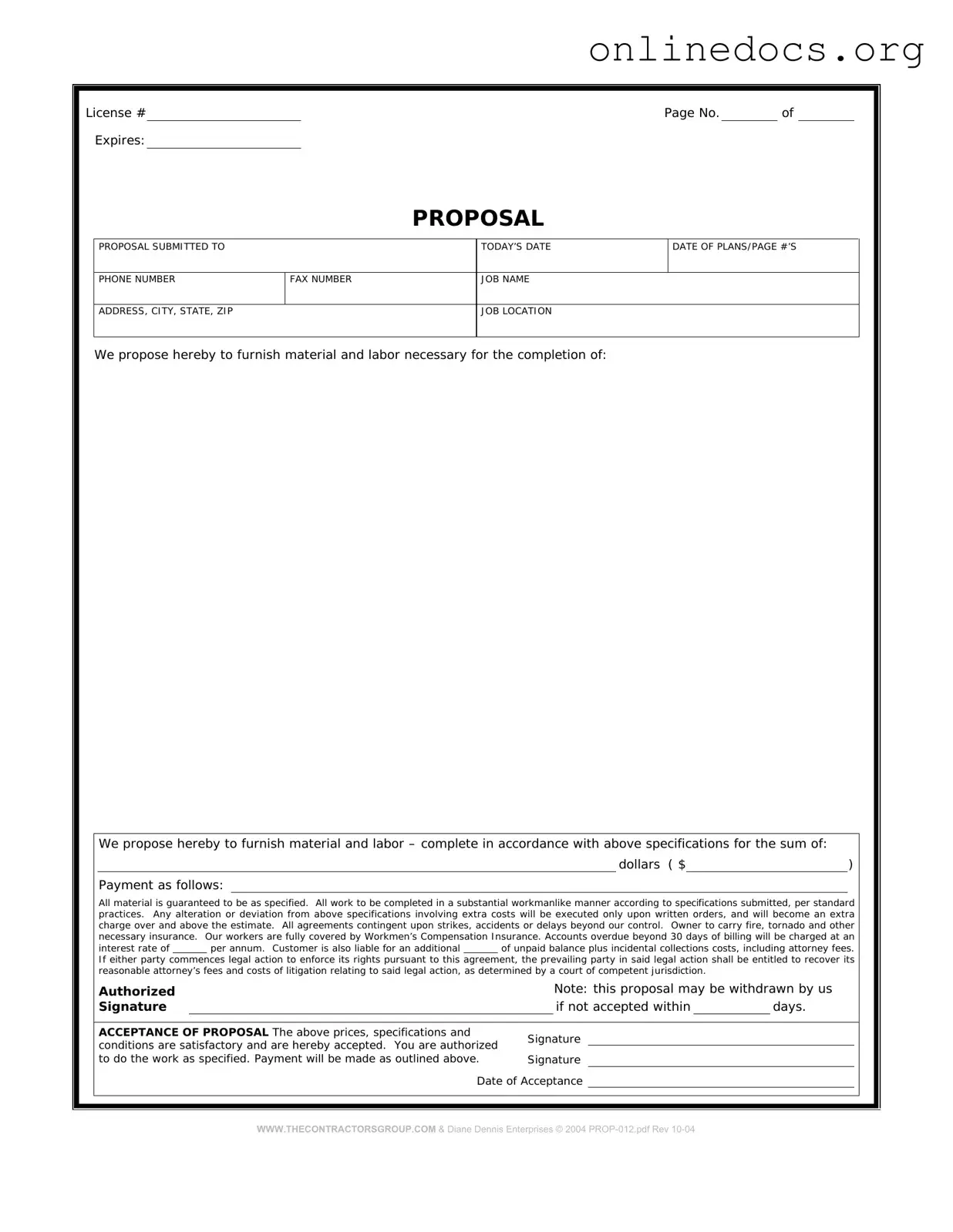 Construction proposal form PDF Form