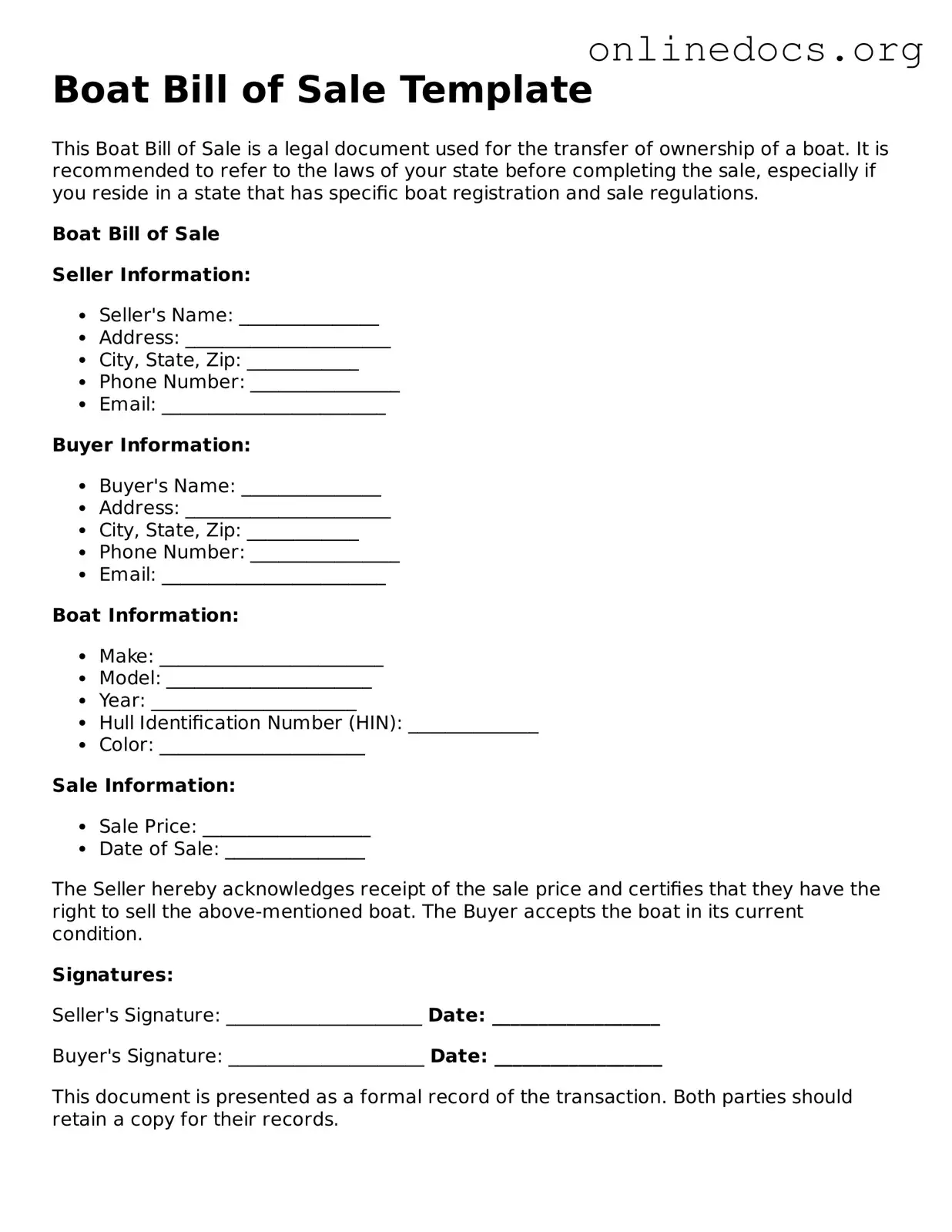 Printable Boat Bill of Sale Form
