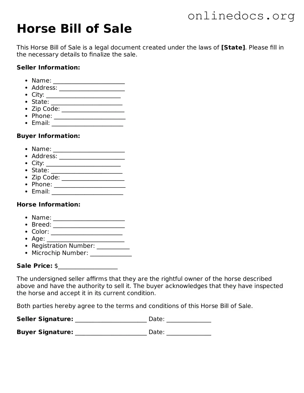 Printable Horse Bill of Sale Form