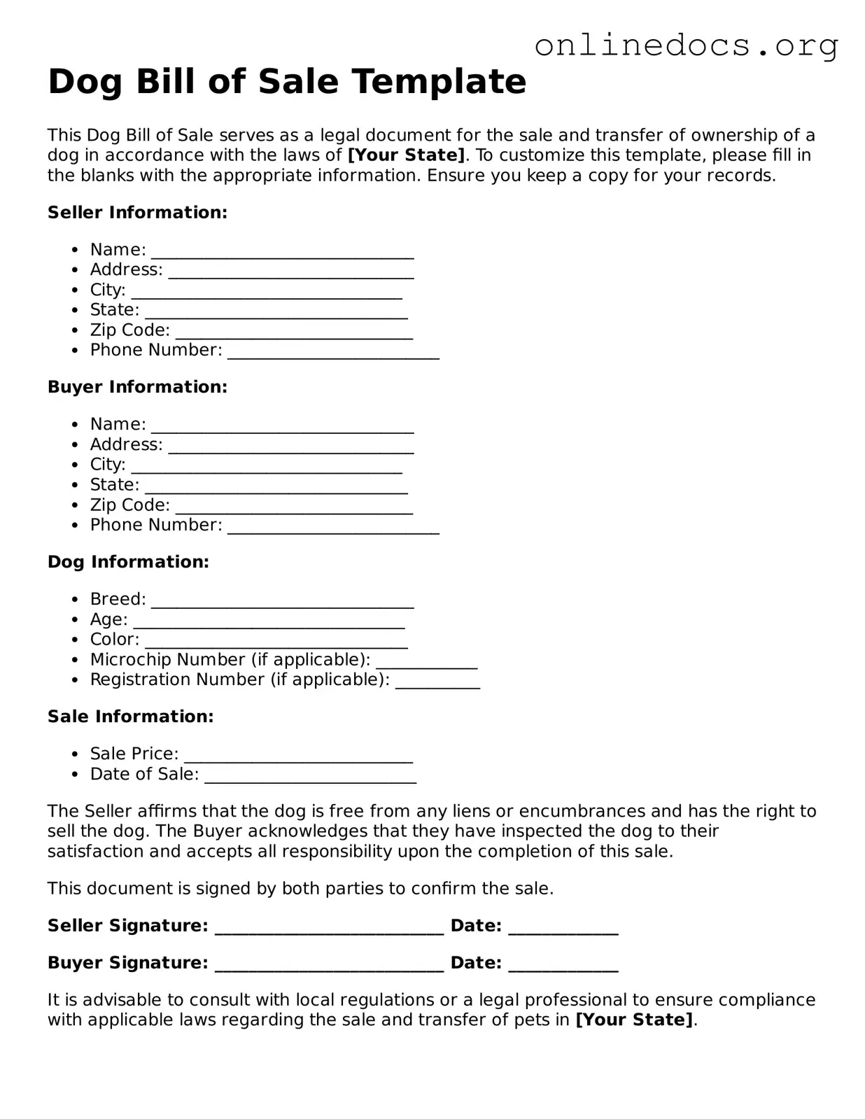 Printable Dog Bill of Sale Form