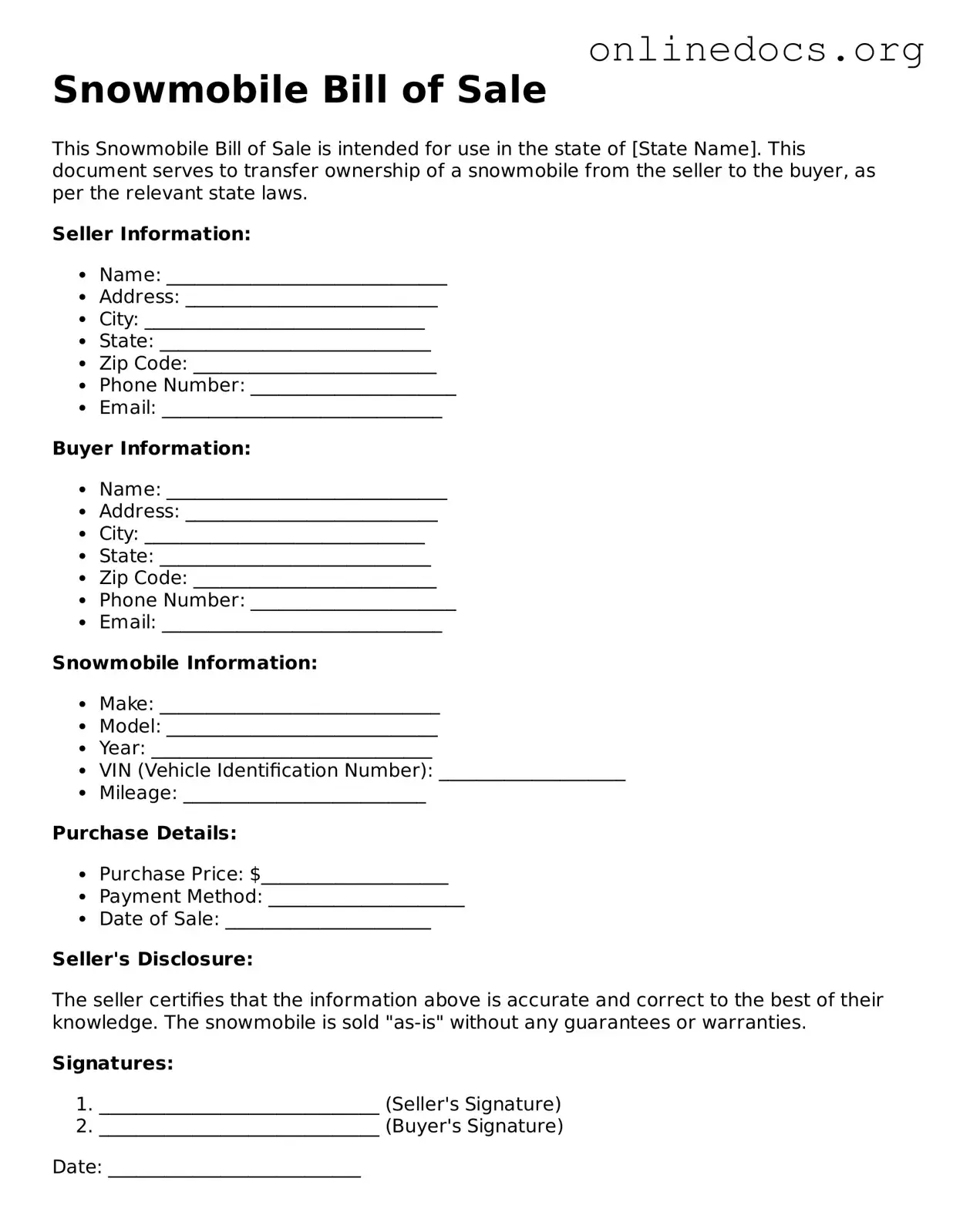 Printable Snowmobile Bill of Sale Form