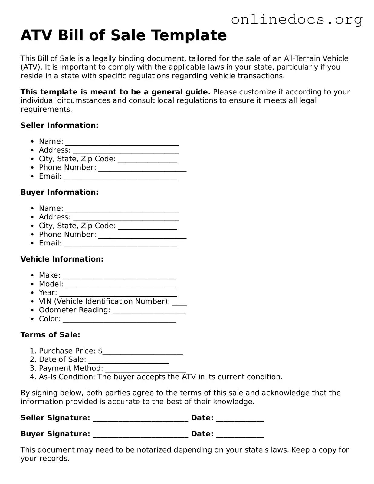 Printable ATV Bill of Sale Form