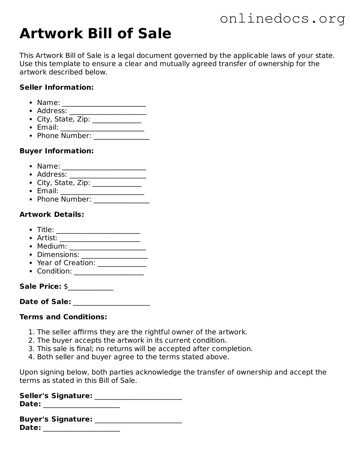 Printable Artwork Bill of Sale Form