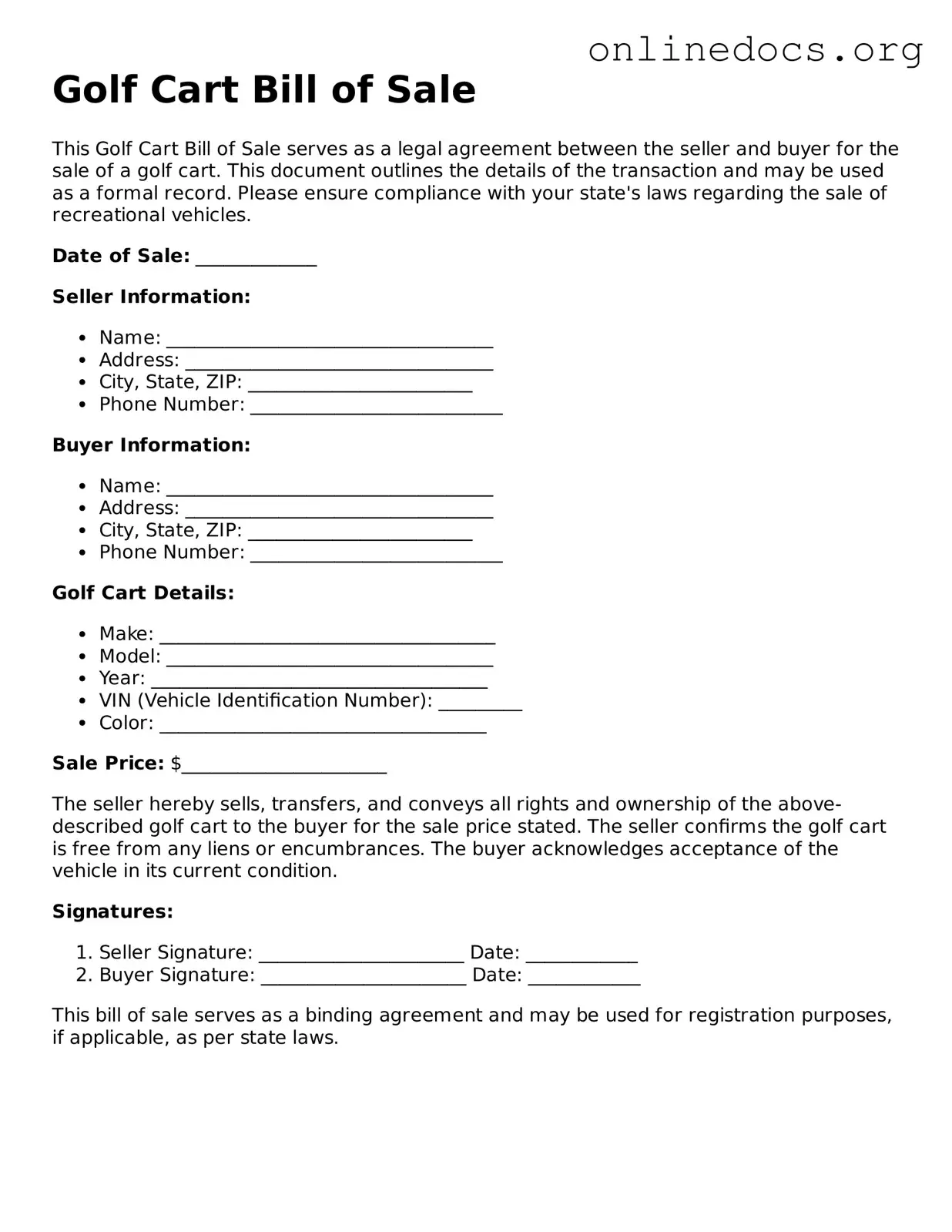 Printable Golf Cart Bill of Sale Form