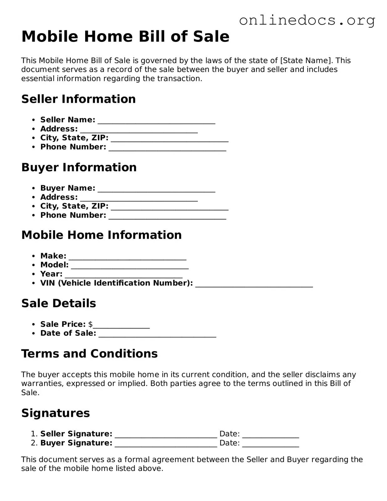 Printable Mobile Home Bill of Sale Form