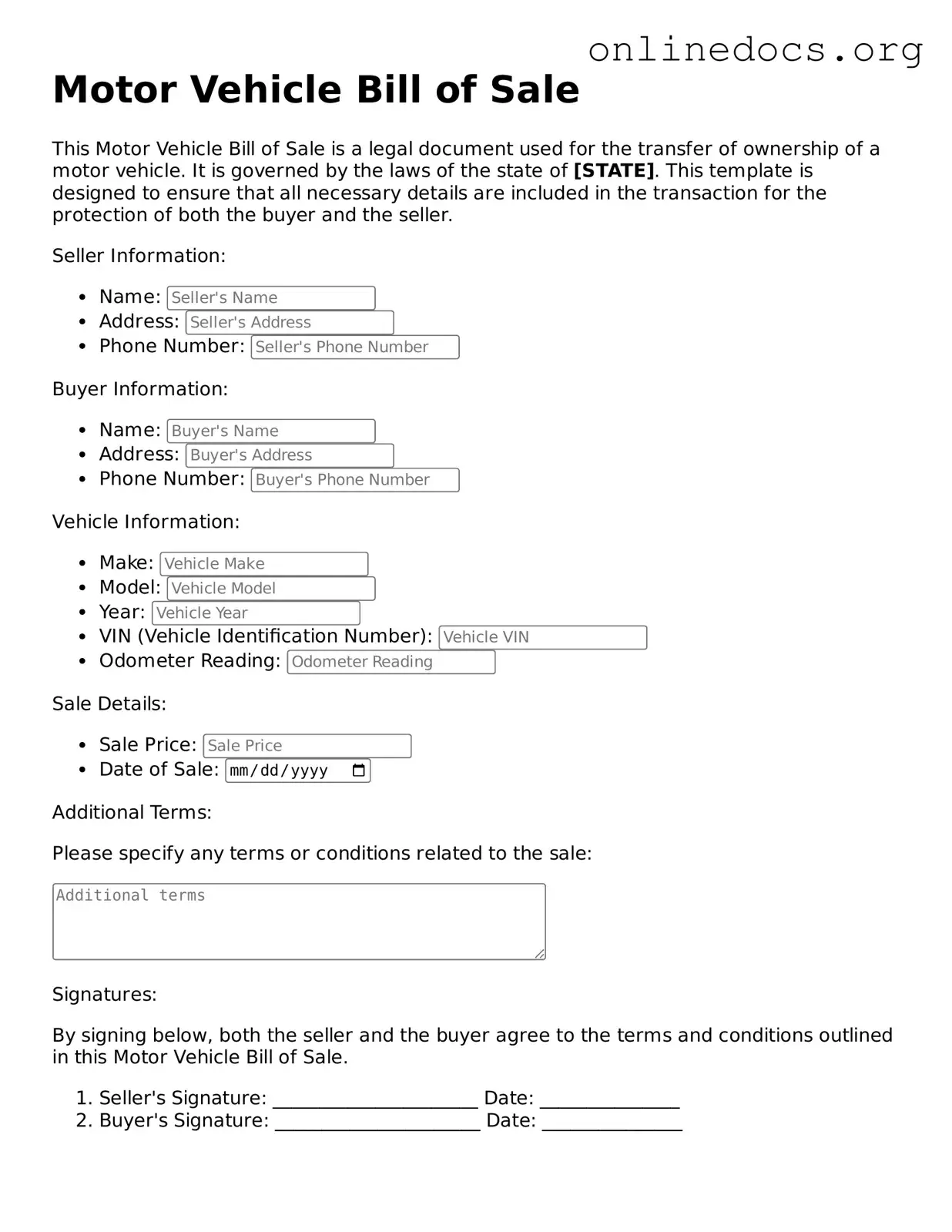 Printable Motor Vehicle Bill of Sale Form
