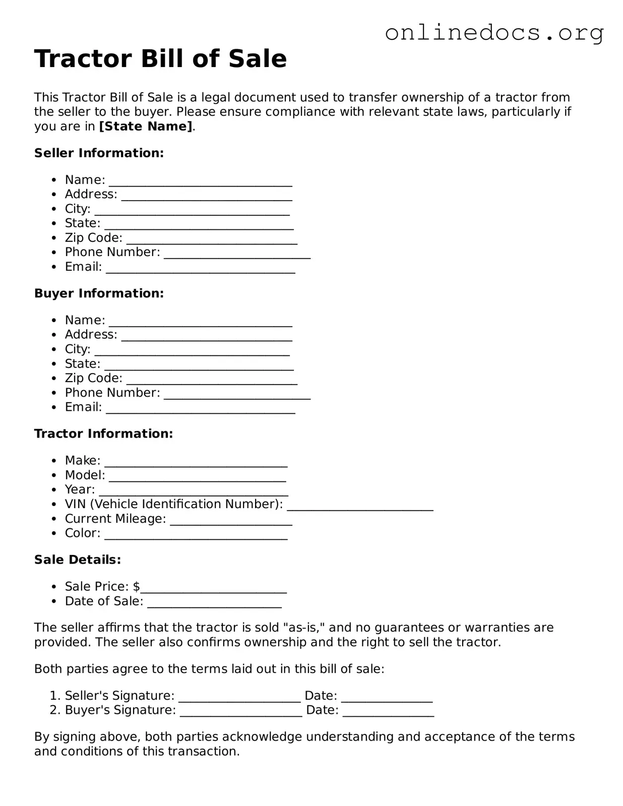 Printable Tractor Bill of Sale Form