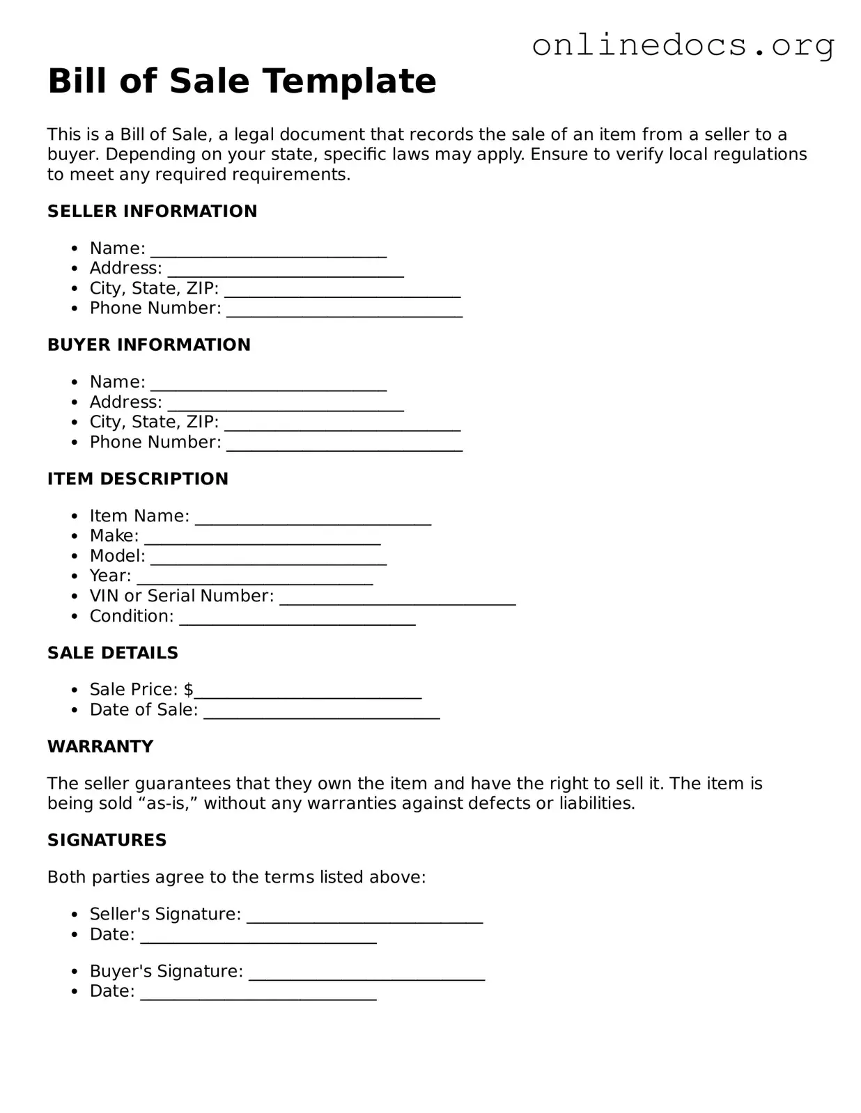 Printable Bill of Sale Form