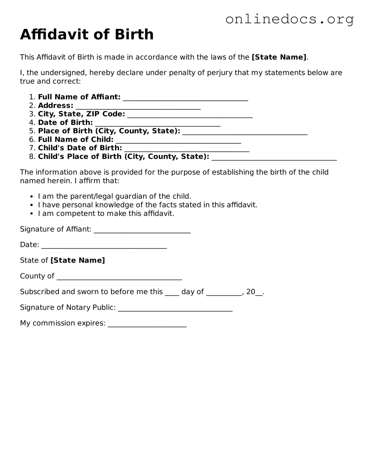 Printable Affidavit of Birth Form