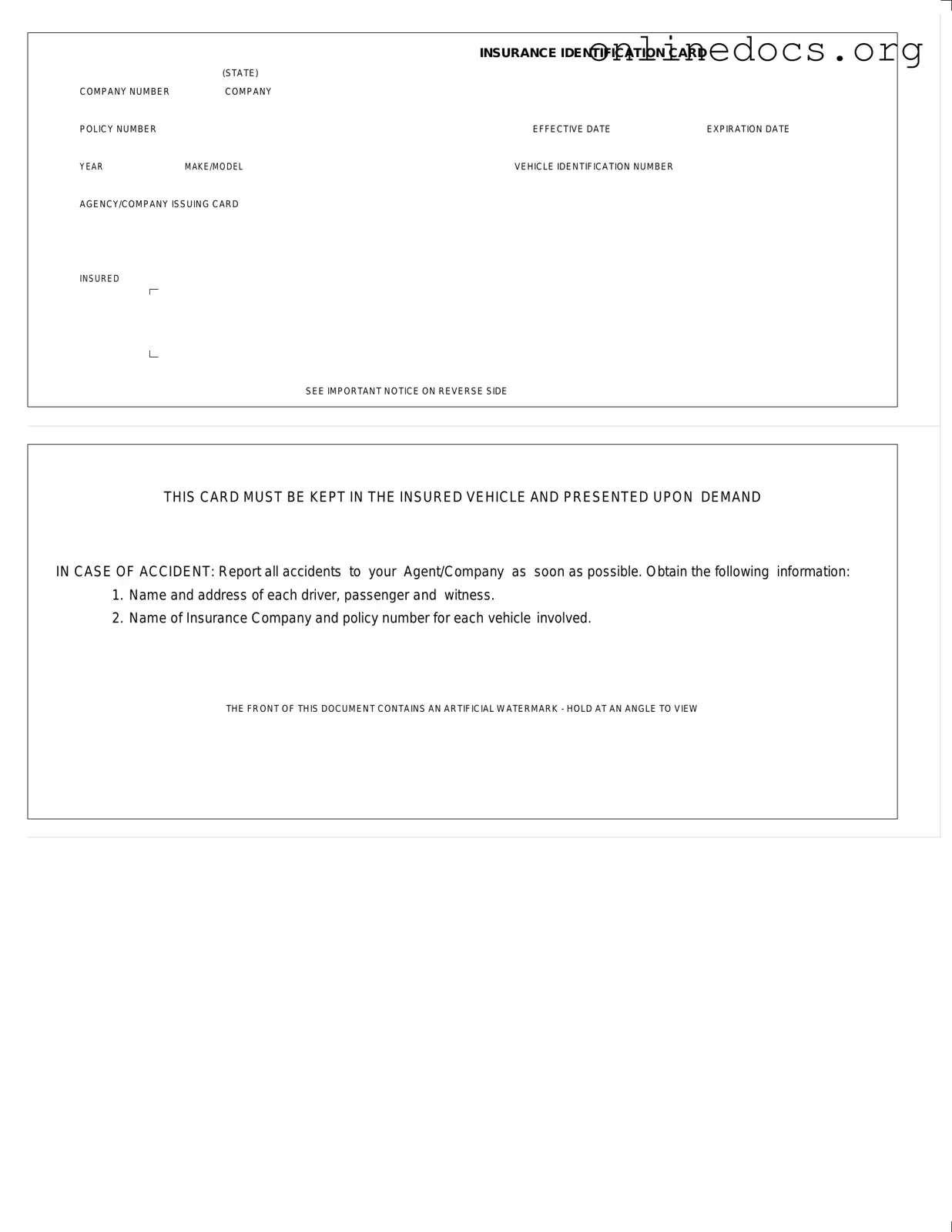 Auto Insurance Card PDF Form
