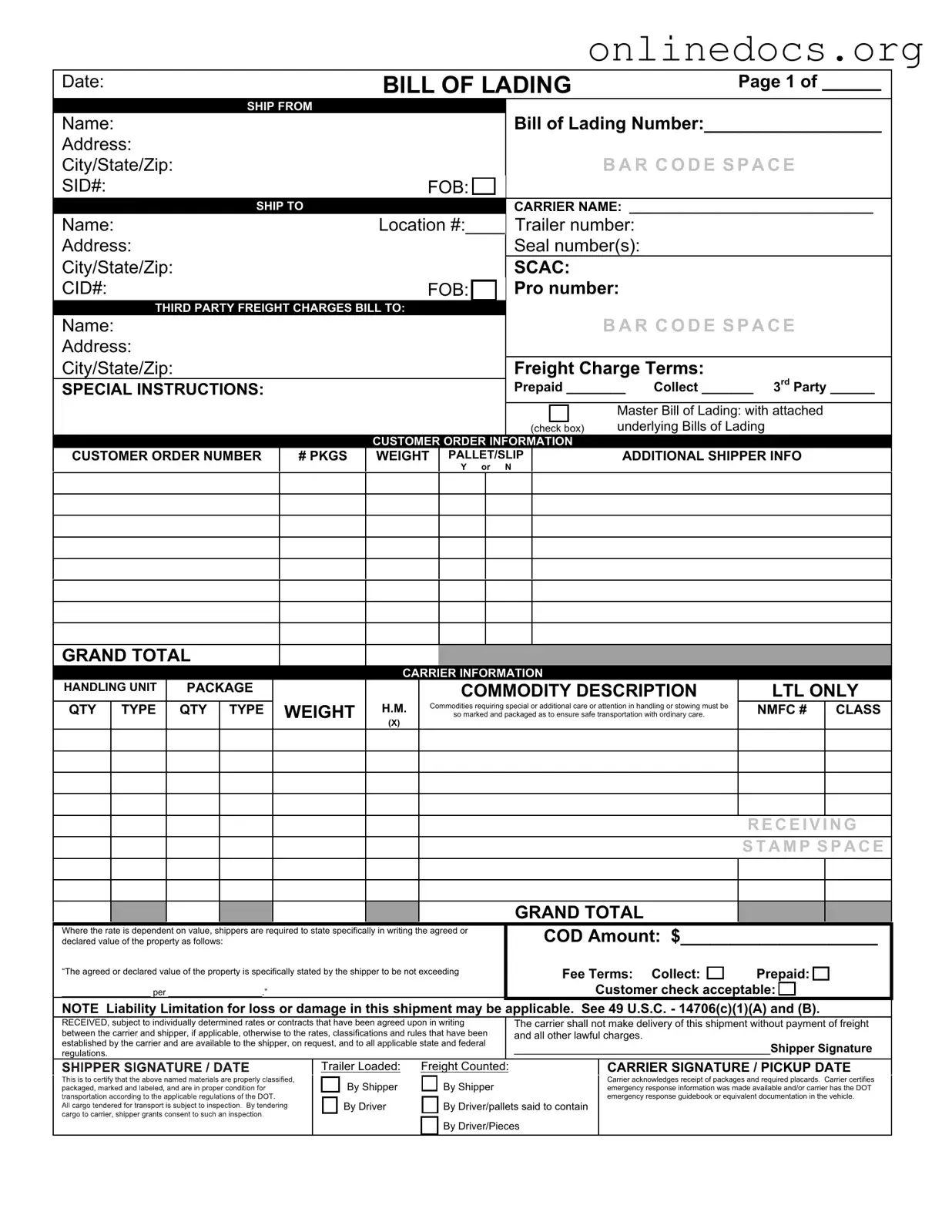 Bill of Lading with a Supplement PDF Form