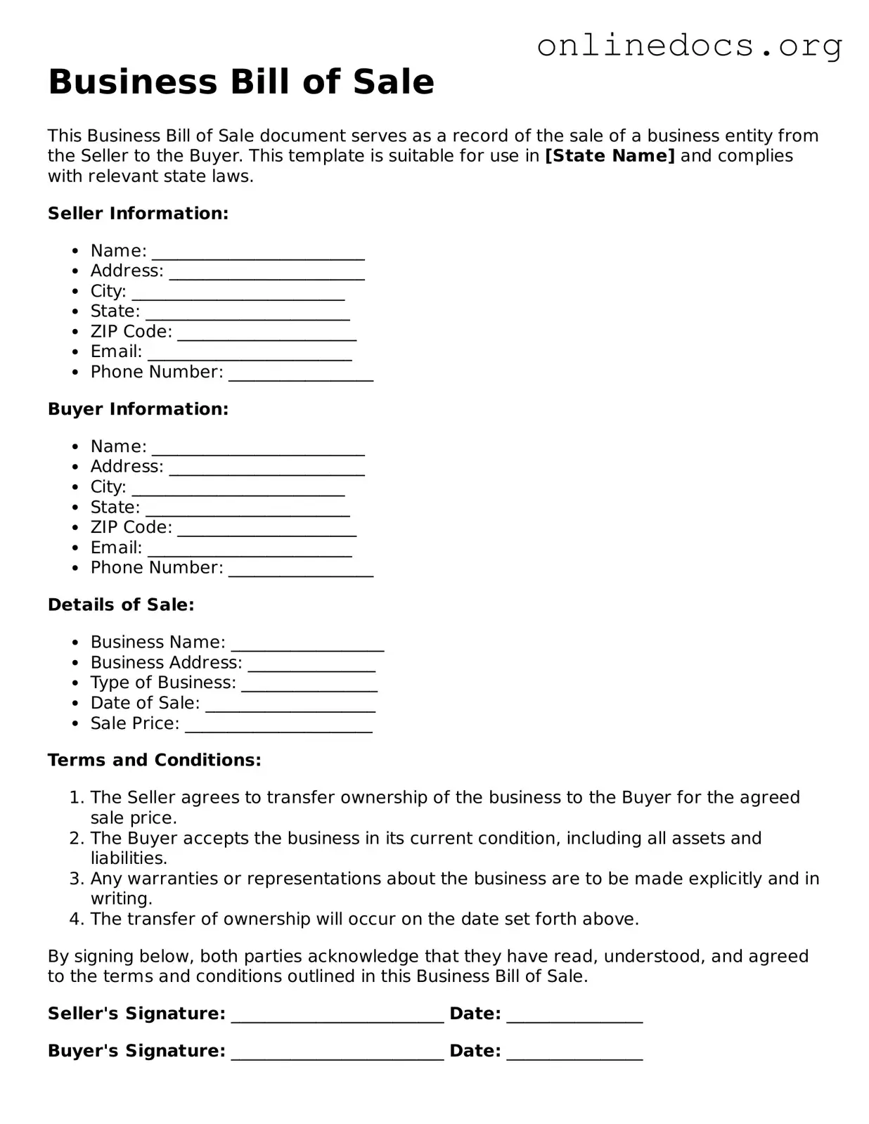 Printable Business Bill of Sale Form