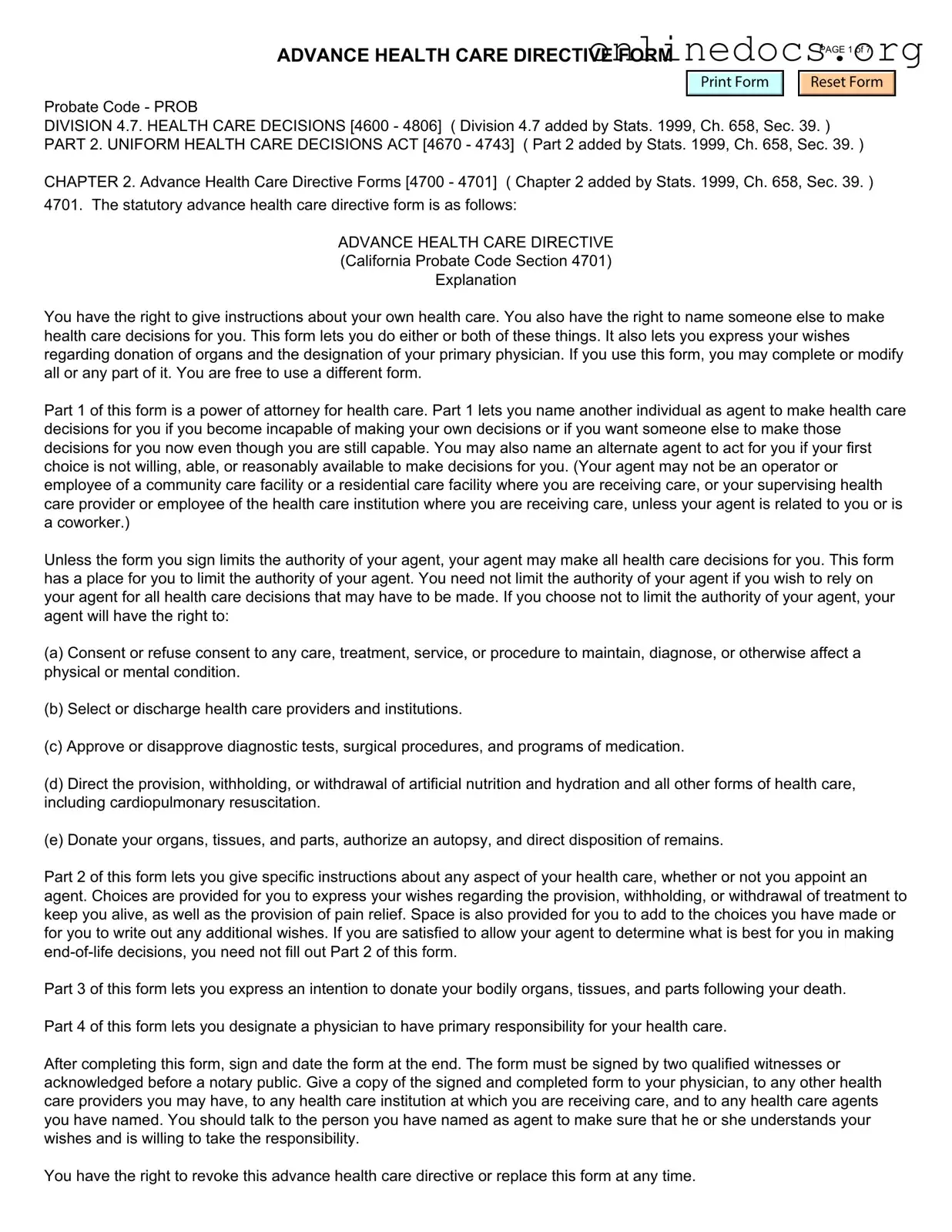 California Advanced Health Care Directive PDF Form