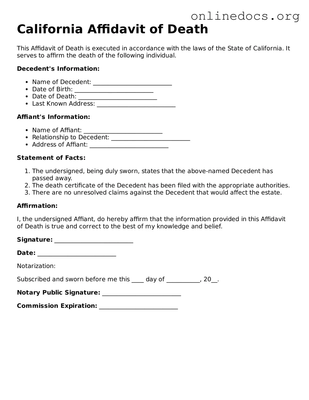 Fillable  Affidavit of Death Form for California