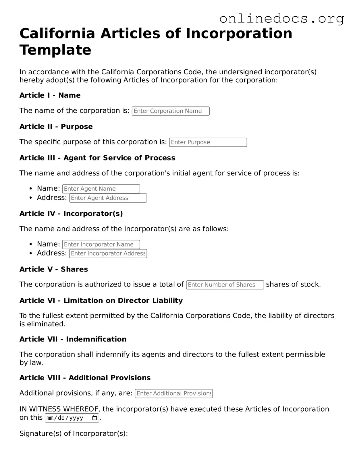 Fillable  Articles of Incorporation Form for California