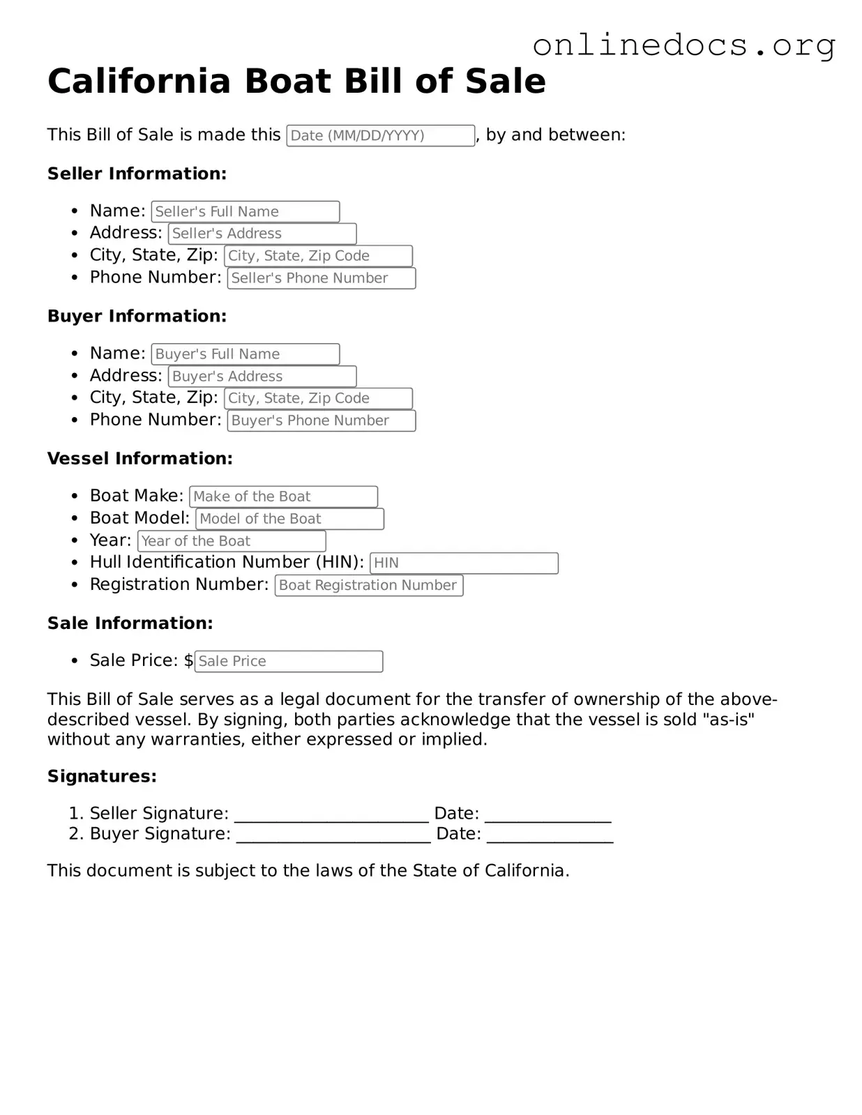 Fillable  Boat Bill of Sale Form for California