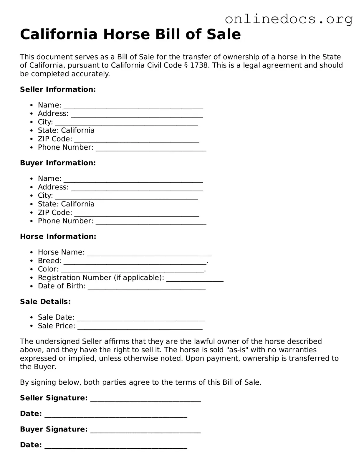 Fillable  Horse Bill of Sale Form for California