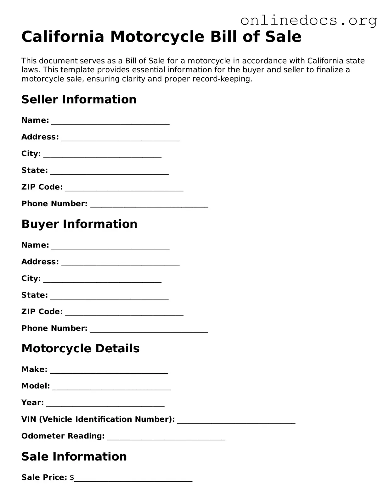 Fillable  Motorcycle Bill of Sale Form for California