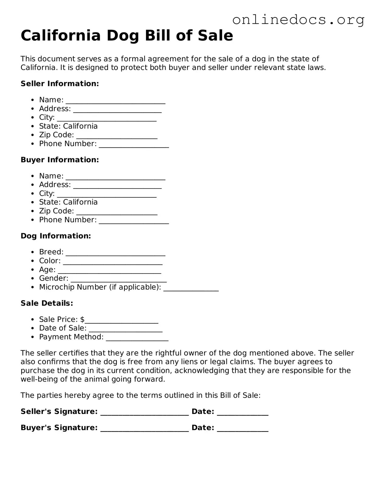 Fillable  Dog Bill of Sale Form for California