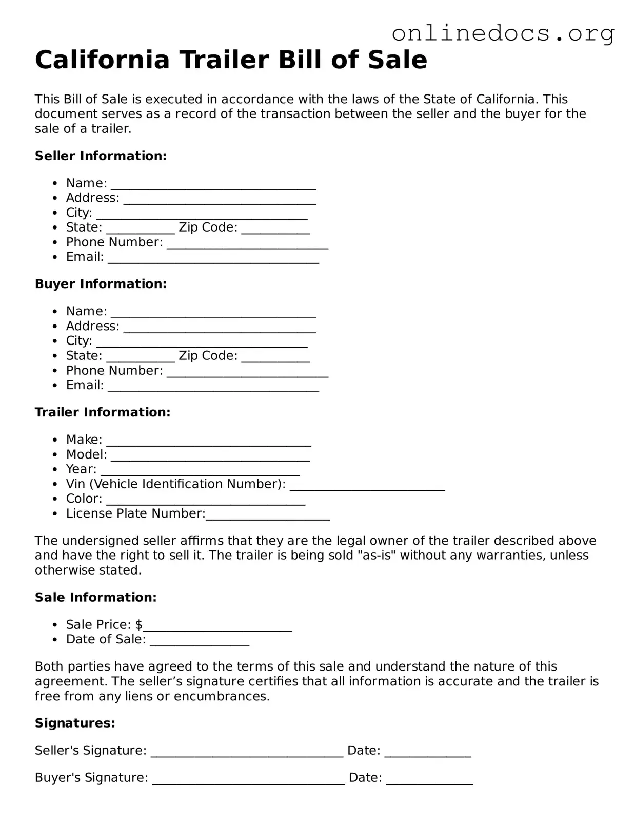 Fillable  Trailer Bill of Sale Form for California