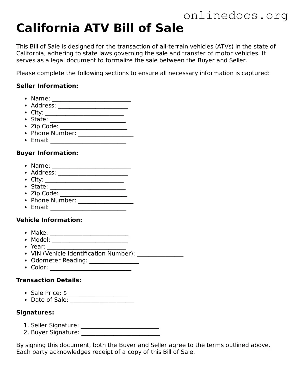 Fillable  ATV Bill of Sale Form for California