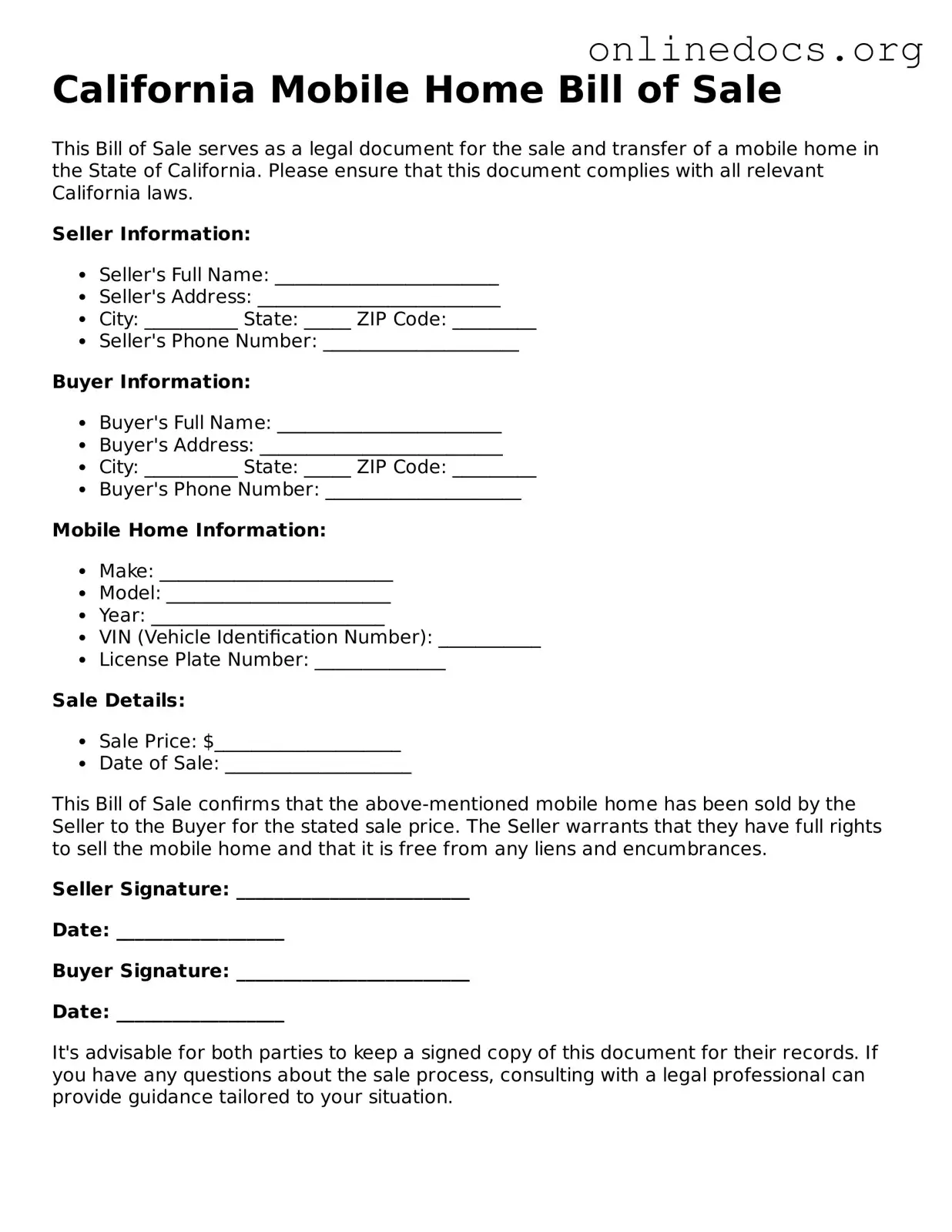 Fillable  Mobile Home Bill of Sale Form for California