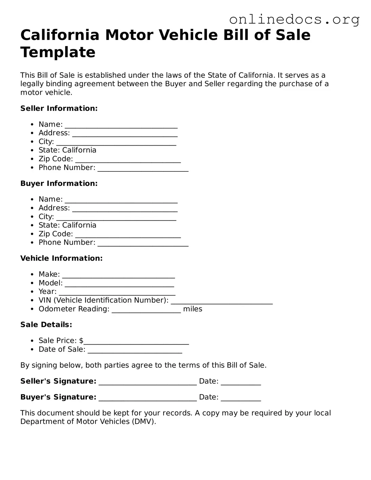 Fillable  Motor Vehicle Bill of Sale Form for California