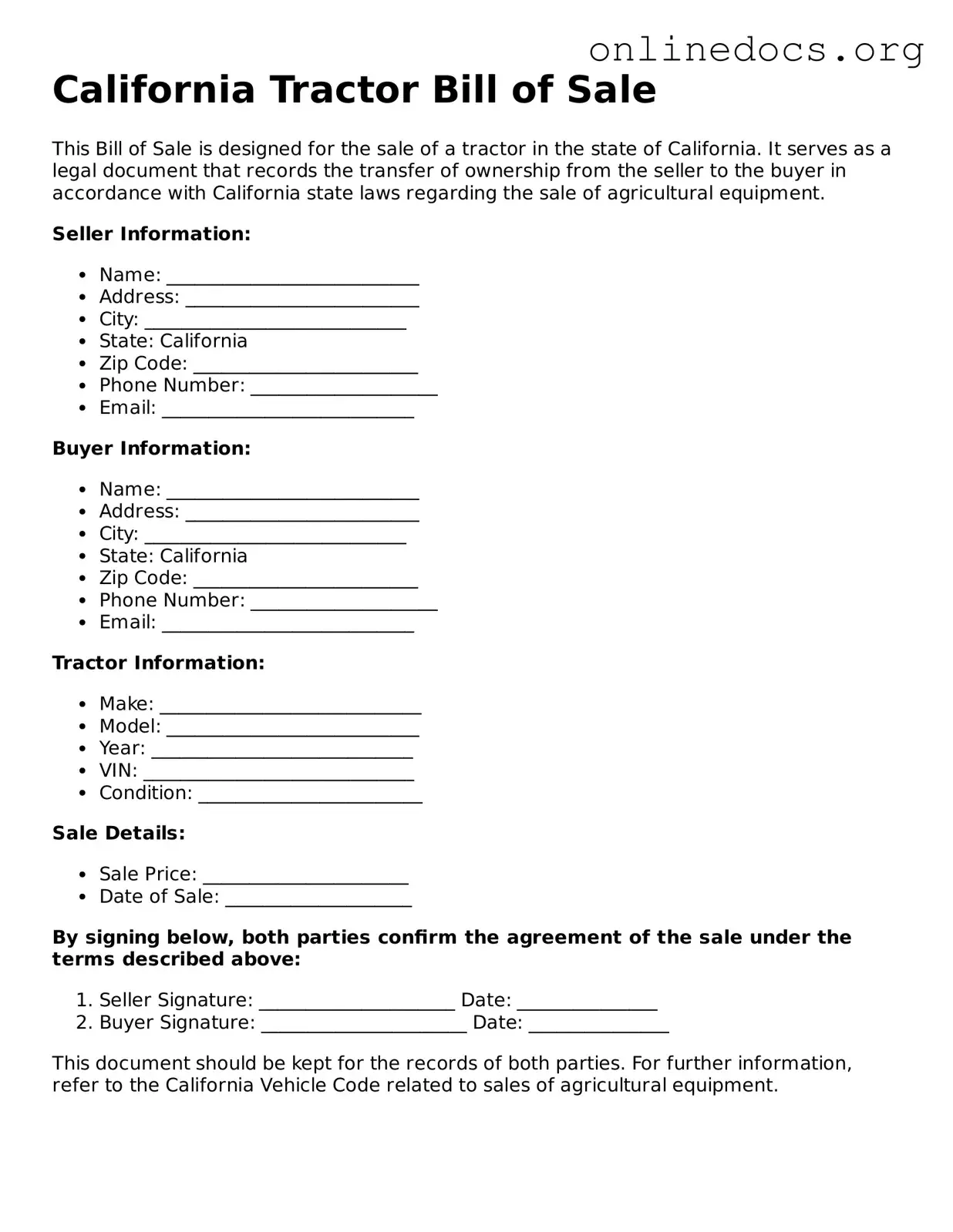 Fillable  Tractor Bill of Sale Form for California