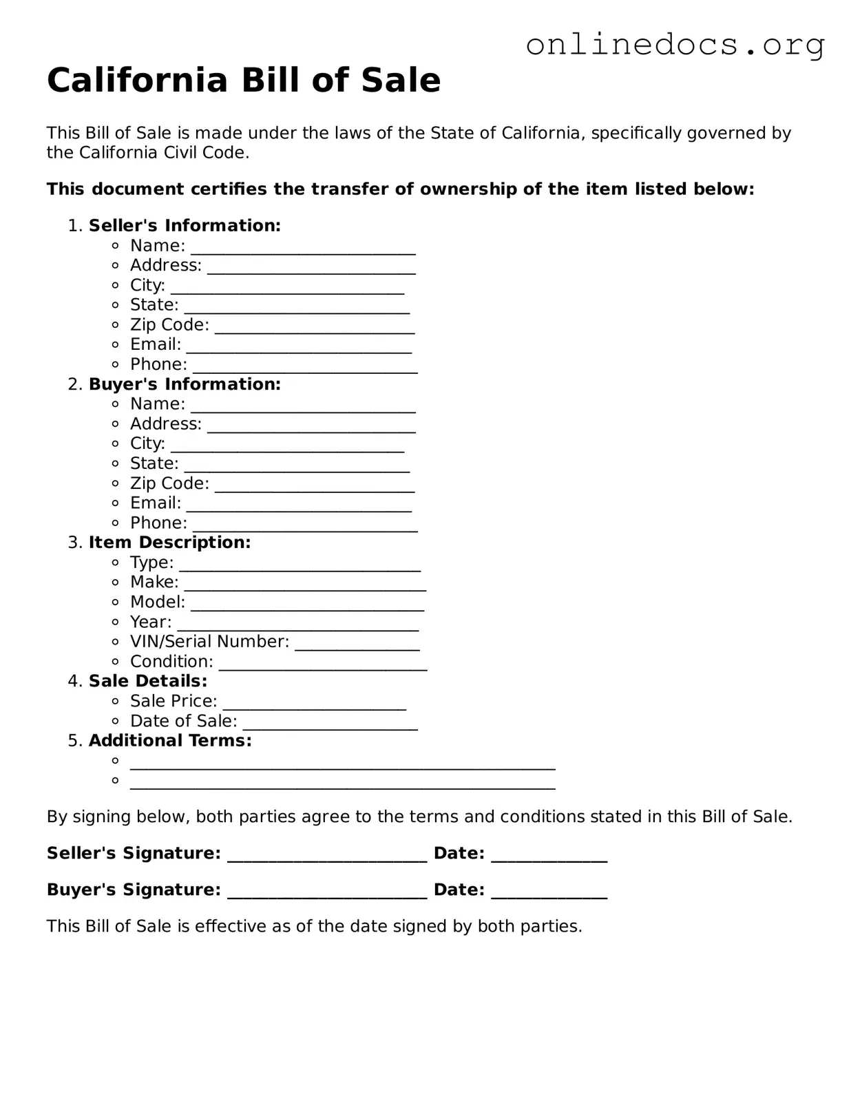 Fillable  Bill of Sale Form for California