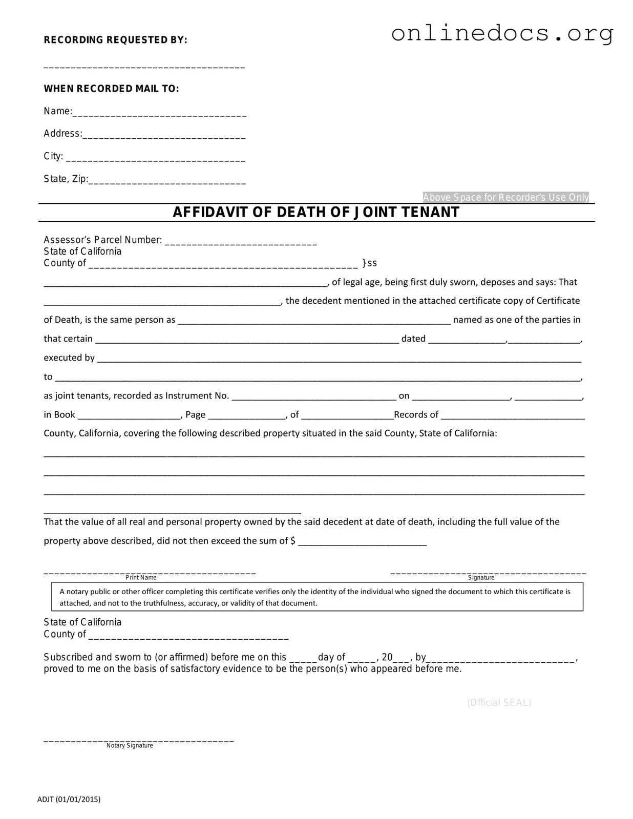California Death of a Joint Tenant Affidavit PDF Form