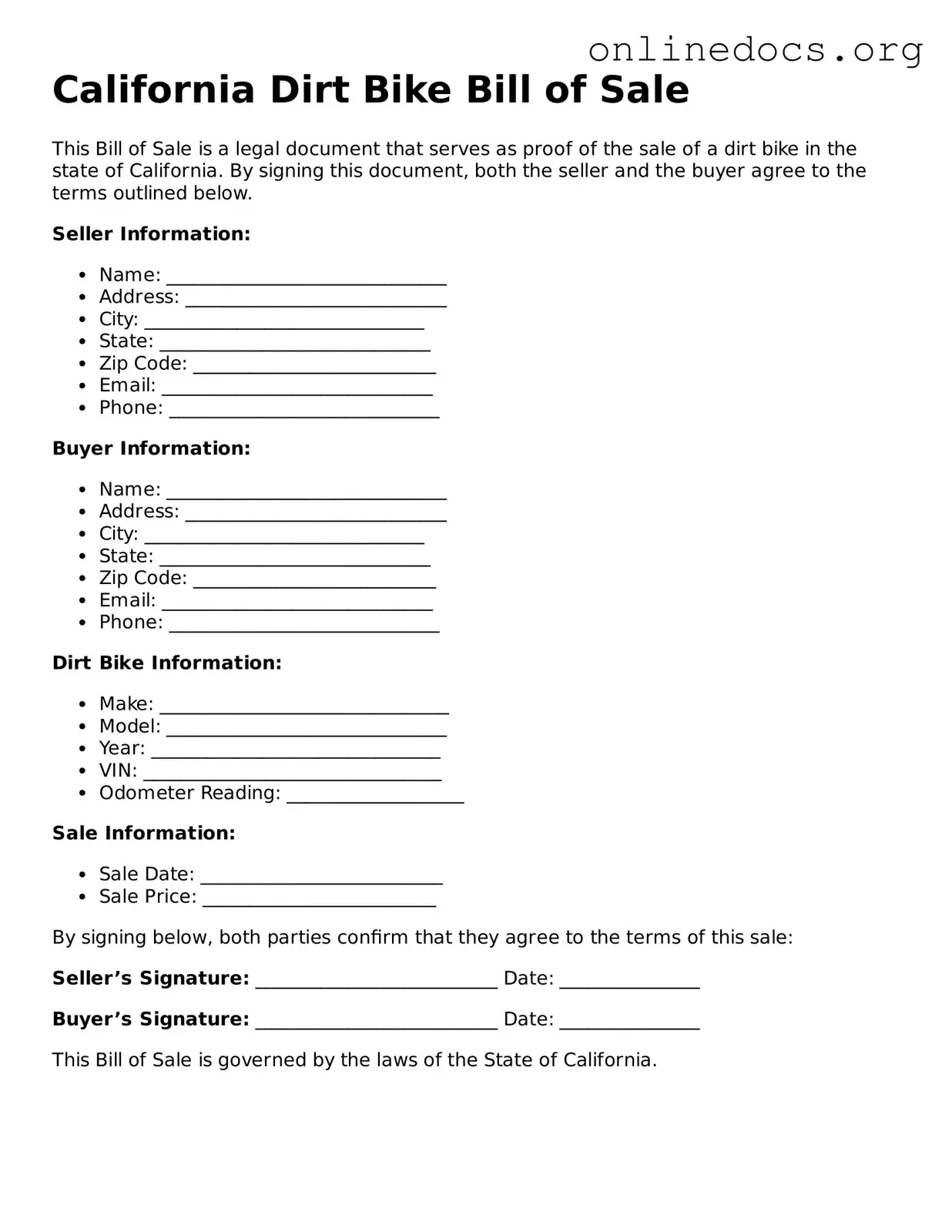 Fillable  Dirt Bike Bill of Sale Form for California