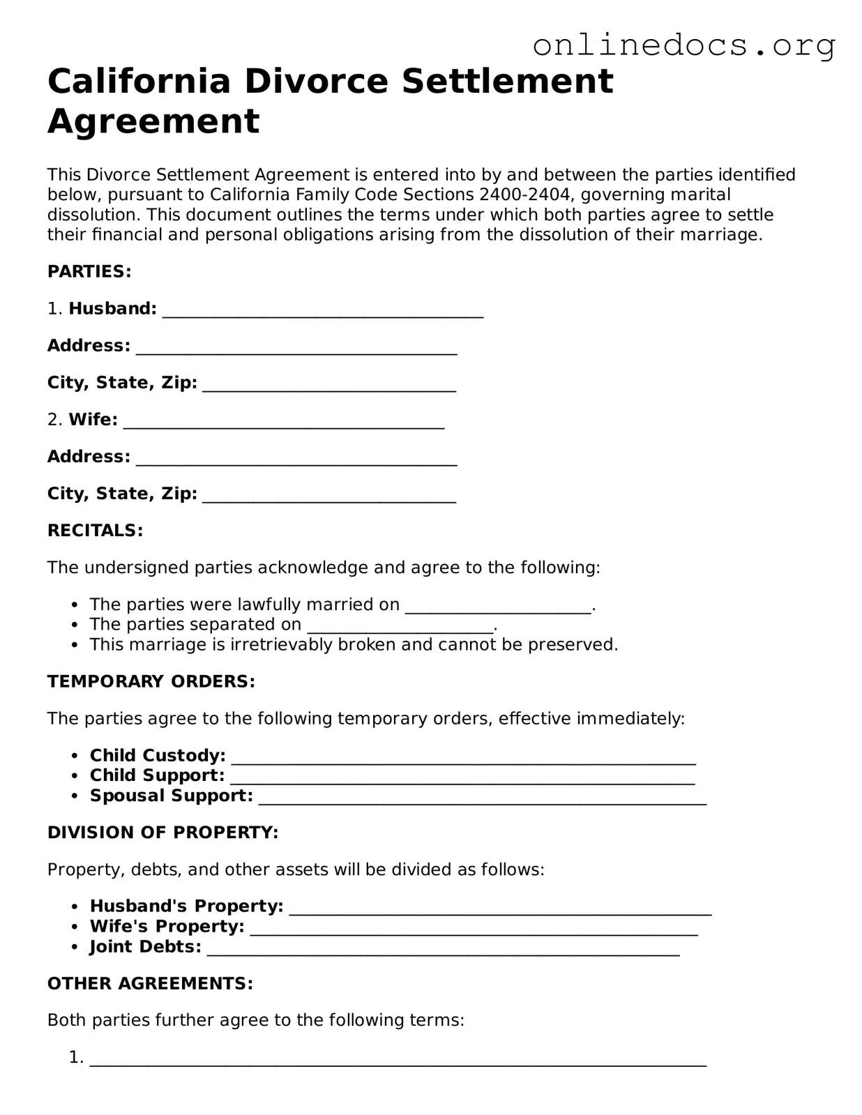 Fillable  Divorce Settlement Agreement Form for California