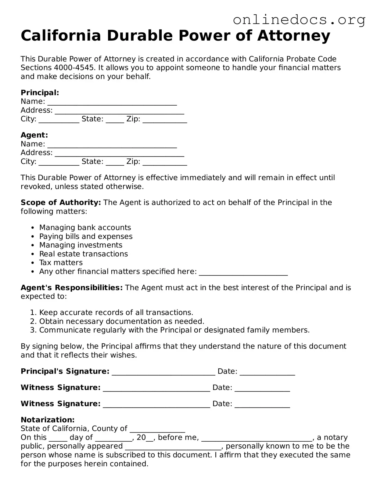 Fillable  Durable Power of Attorney Form for California
