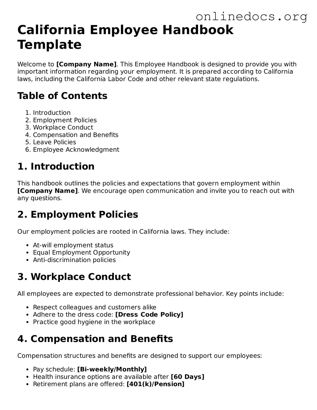 Fillable  Employee Handbook Form for California