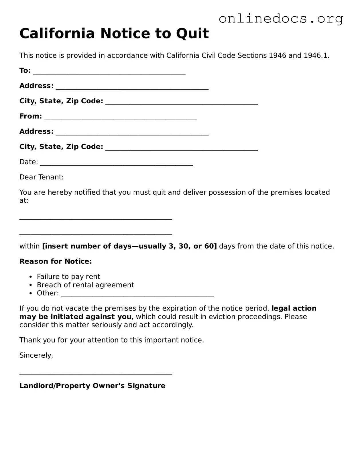 Fillable  Notice to Quit Form for California