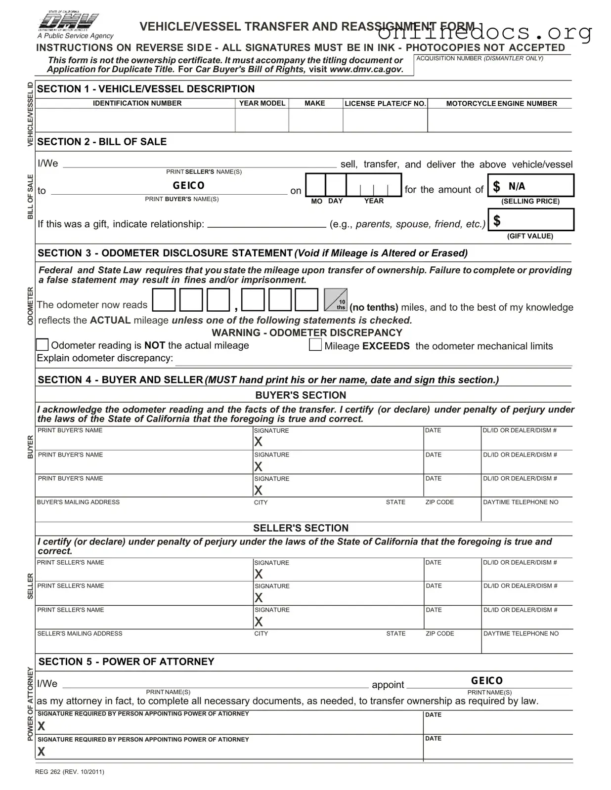 California Fotm Reg 262 PDF Form