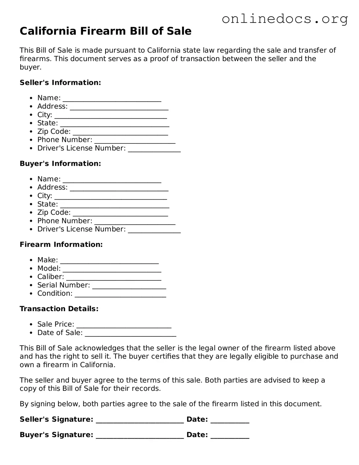 Fillable  Firearm Bill of Sale Form for California
