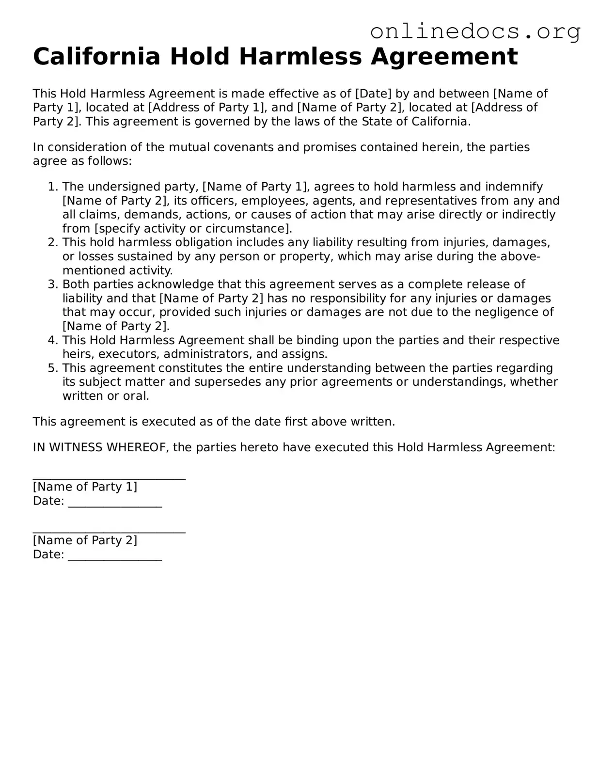 Fillable  Hold Harmless Agreement Form for California