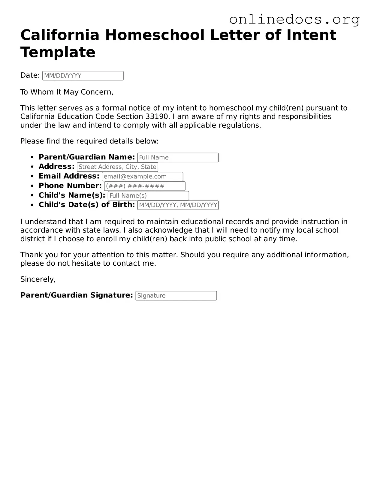 Fillable  Homeschool Letter of Intent Form for California
