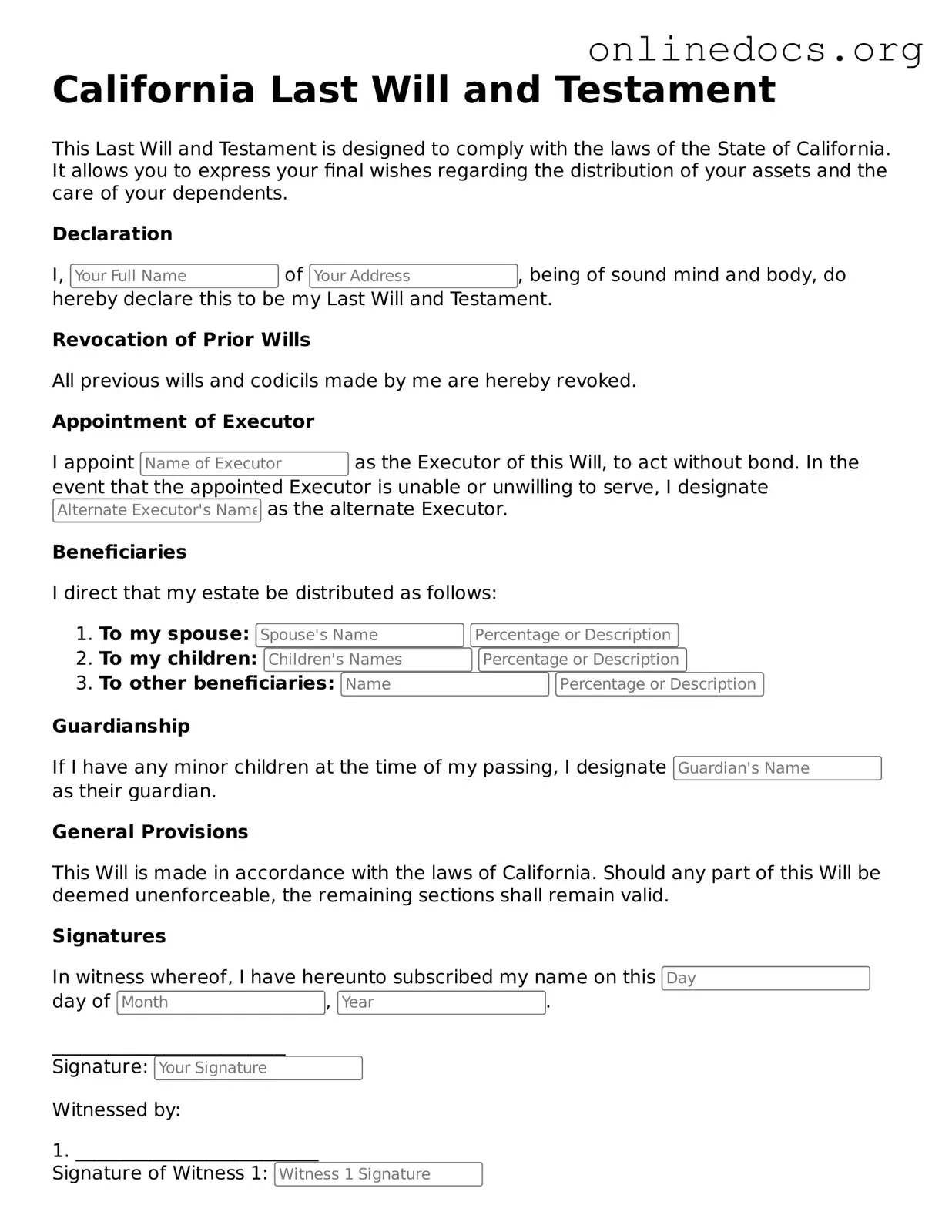 Fillable  Last Will and Testament Form for California