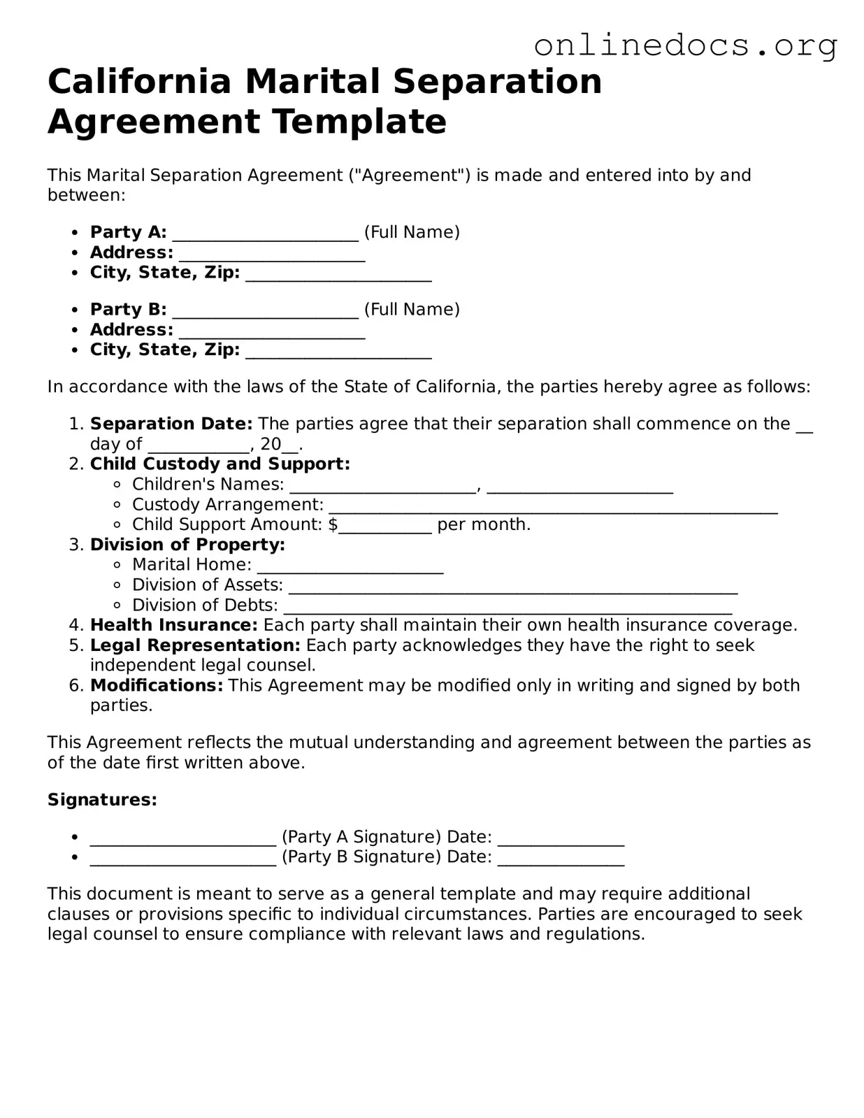 Fillable  Marital Separation Agreement Form for California